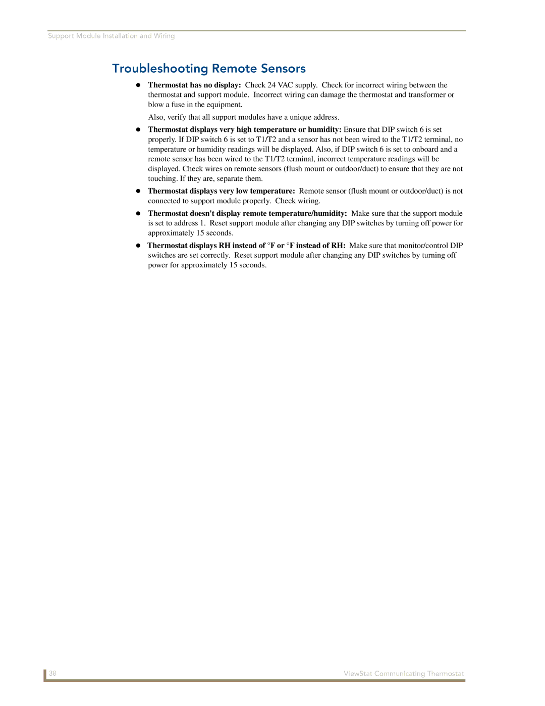 AMX ViewStat manual Troubleshooting Remote Sensors 