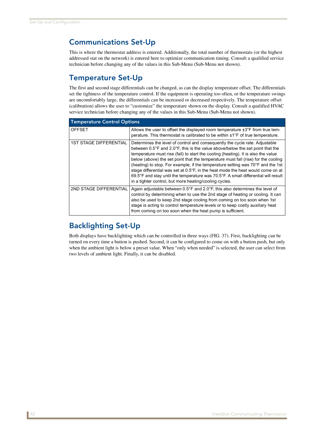 AMX ViewStat manual Communications Set-Up, Temperature Set-Up, Backlighting Set-Up, Temperature Control Options 