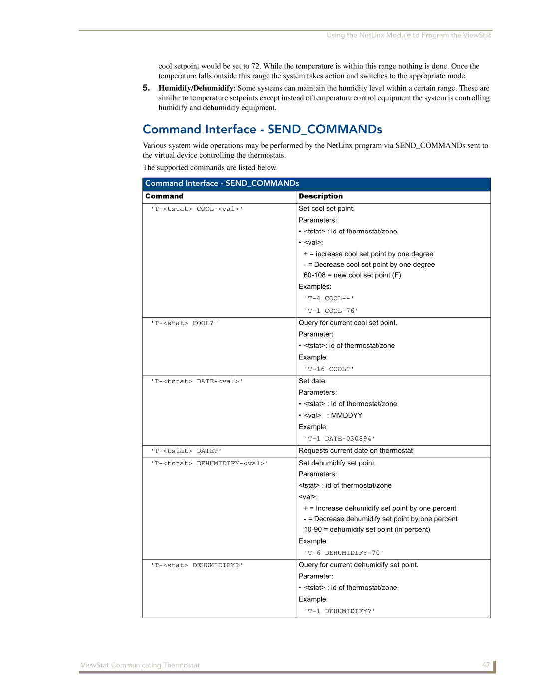 AMX ViewStat manual Command Interface SENDCOMMANDs, Command Description 