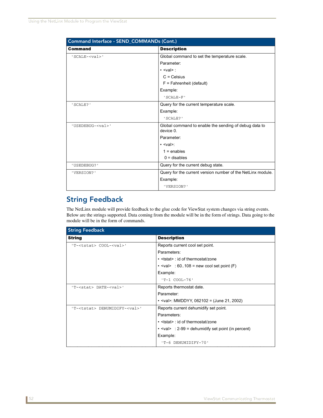 AMX ViewStat manual String Feedback, String Description 