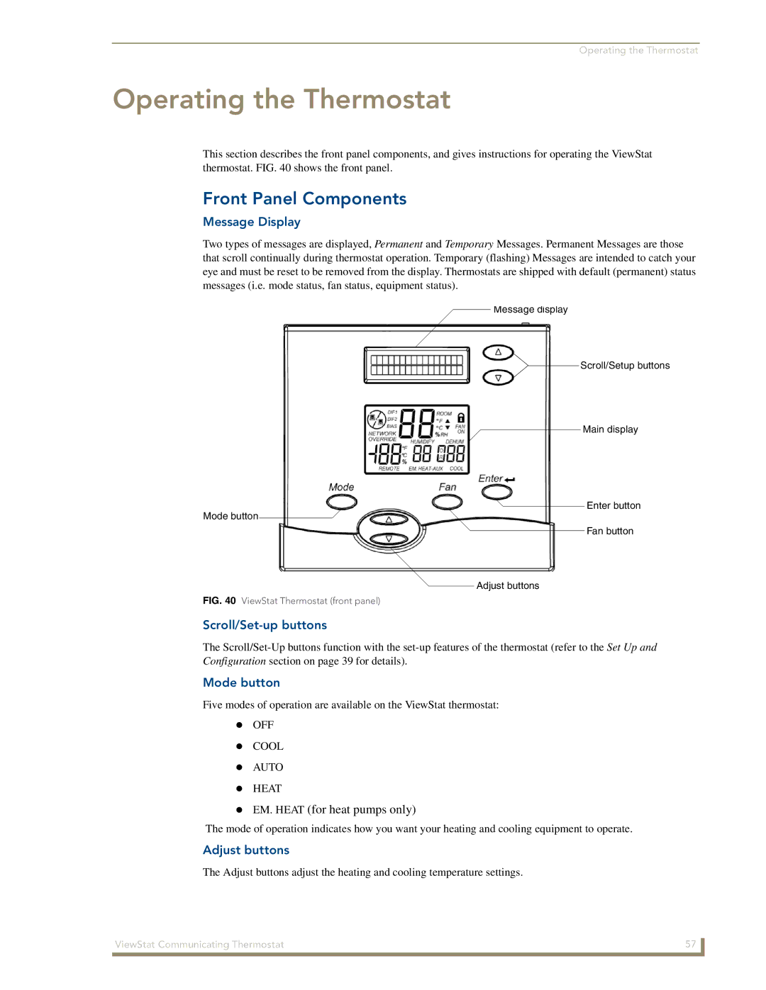 AMX ViewStat manual Front Panel Components, Message Display, Scroll/Set-up buttons, Mode button, Adjust buttons 