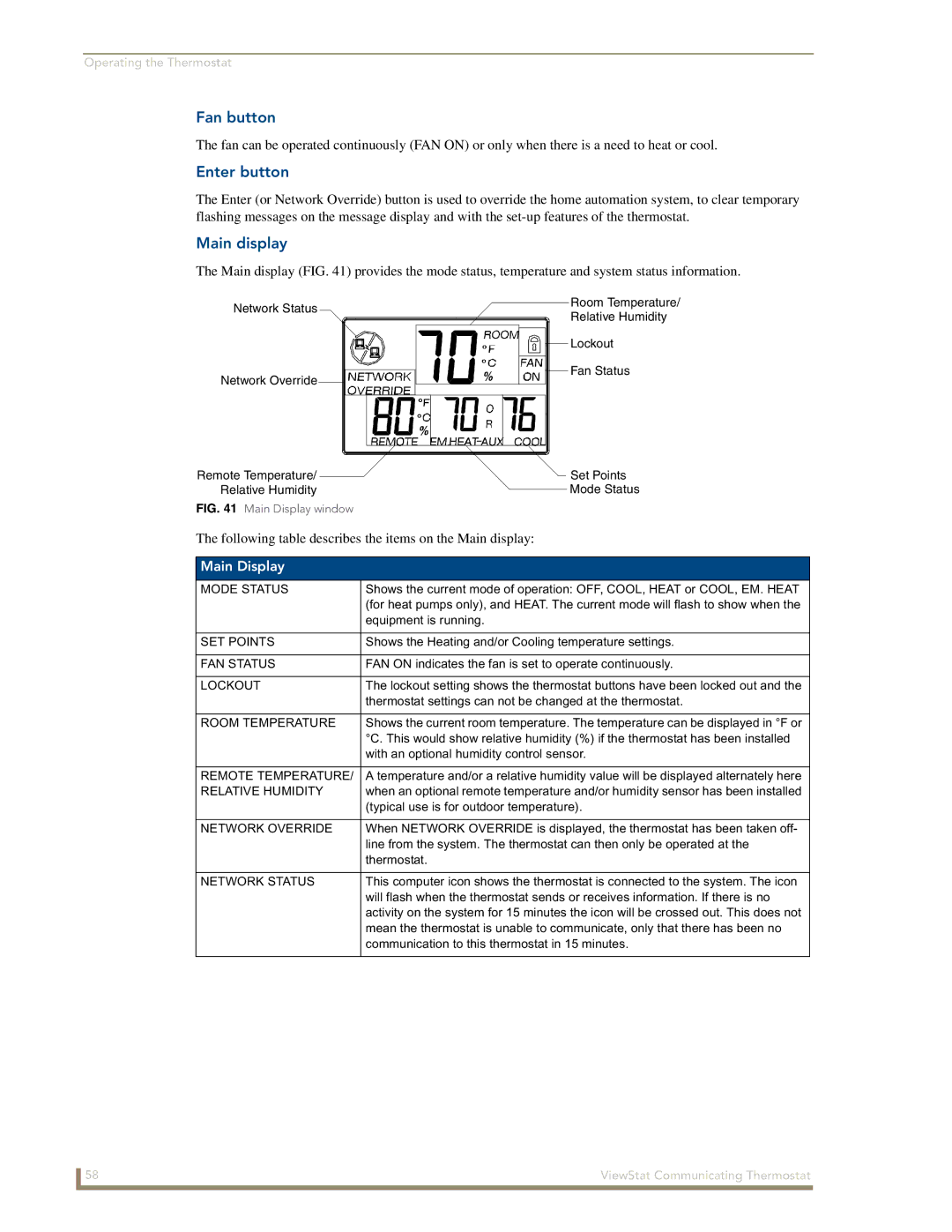 AMX ViewStat manual Fan button, Enter button, Main display, Main Display 