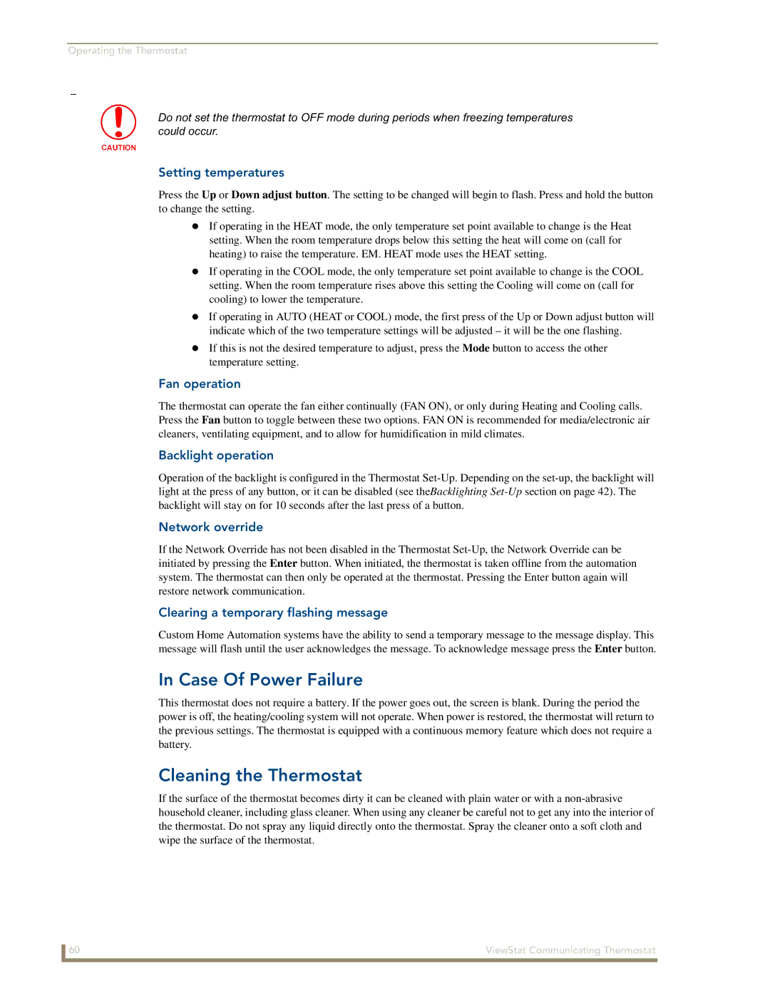 AMX ViewStat manual Case Of Power Failure, Cleaning the Thermostat 