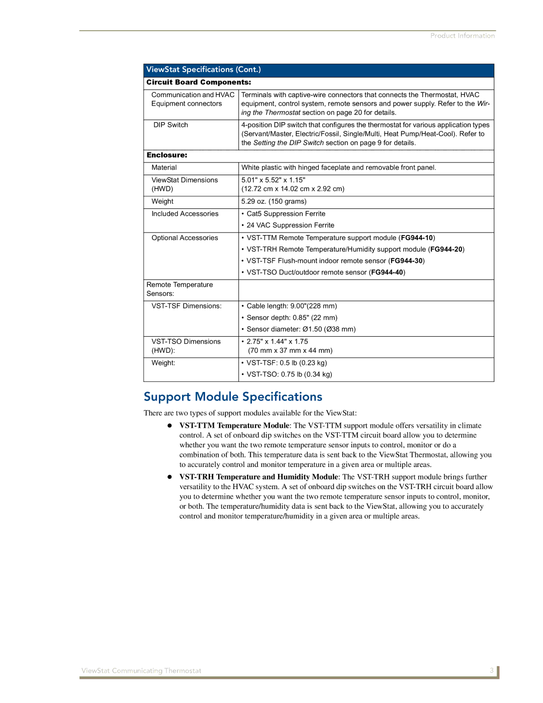 AMX ViewStat manual Support Module Specifications, Circuit Board Components, Enclosure, Hwd 