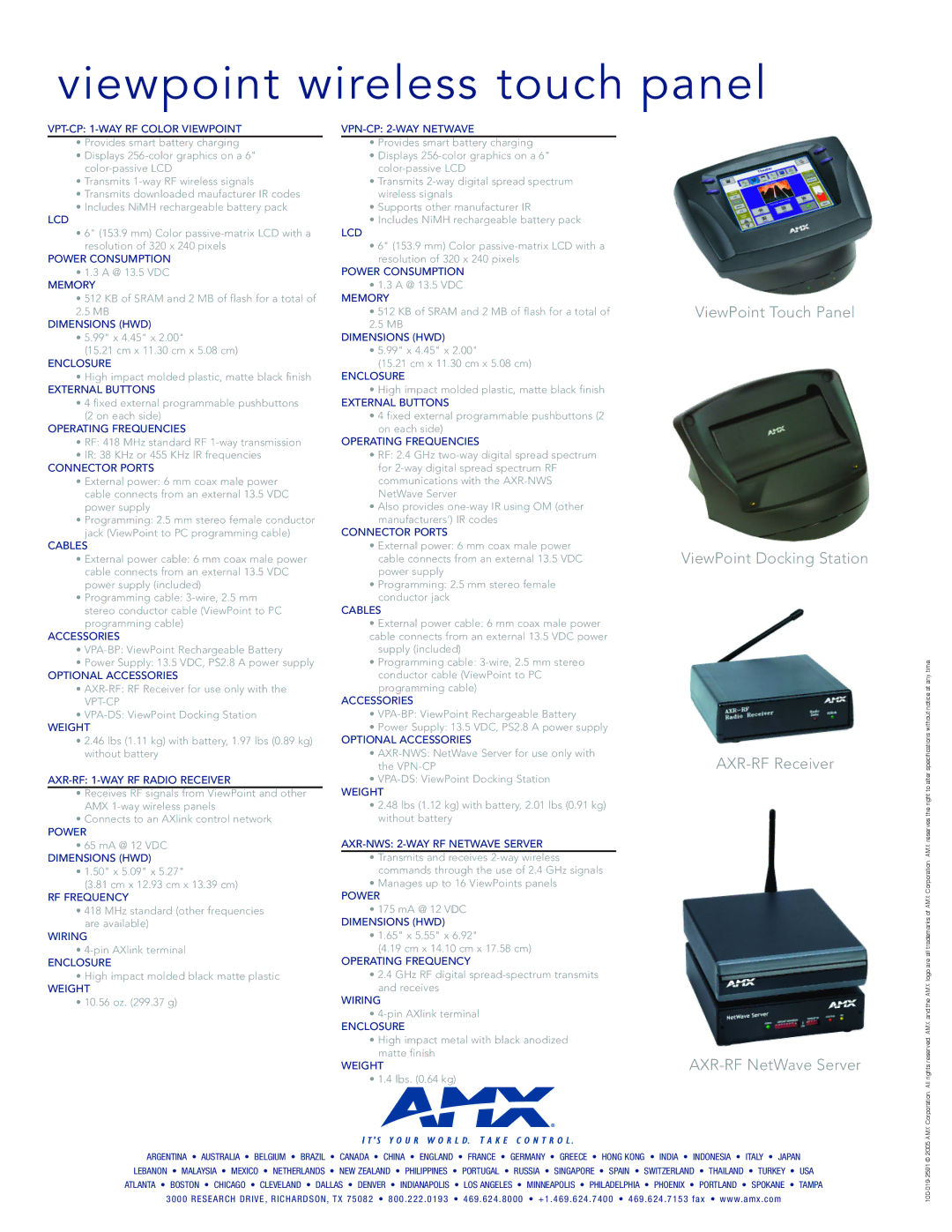 AMX VPN-CP VPT-CP 1-WAY RF Color Viewpoint, Lcd, Power Consumption, Dimensions HWD, Enclosure, External Buttons, Cables 