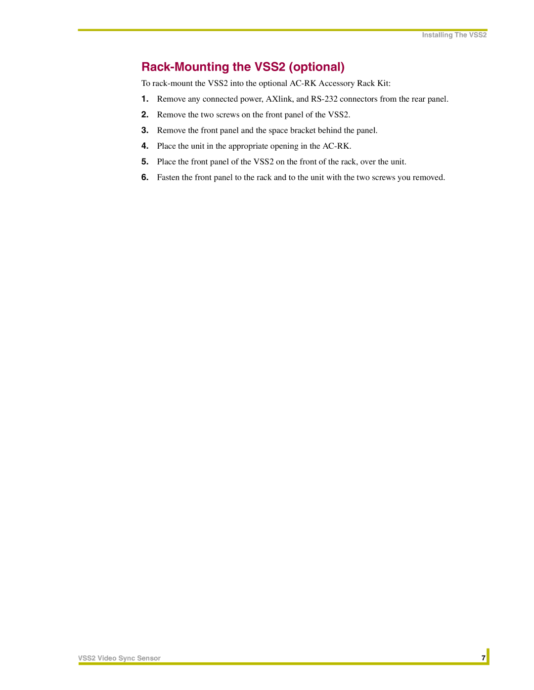 AMX instruction manual Rack-Mounting the VSS2 optional 