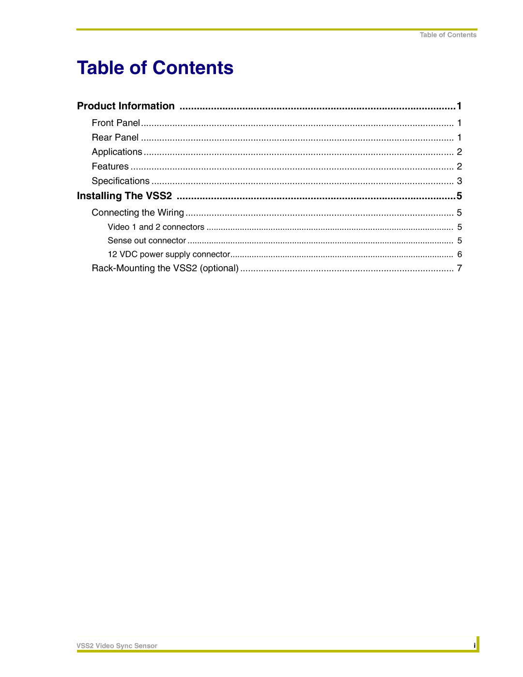 AMX VSS2 instruction manual Table of Contents 