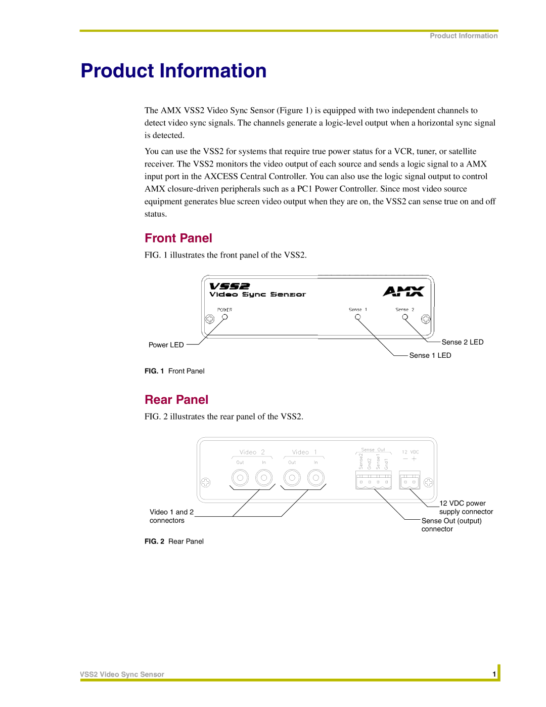 AMX VSS2 instruction manual Front Panel, Rear Panel 