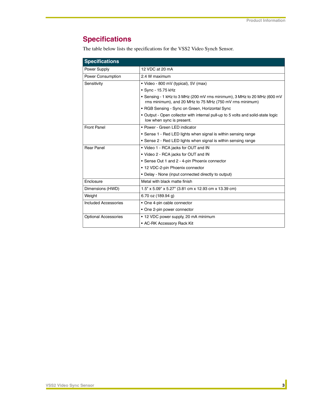 AMX VSS2 instruction manual Specifications 