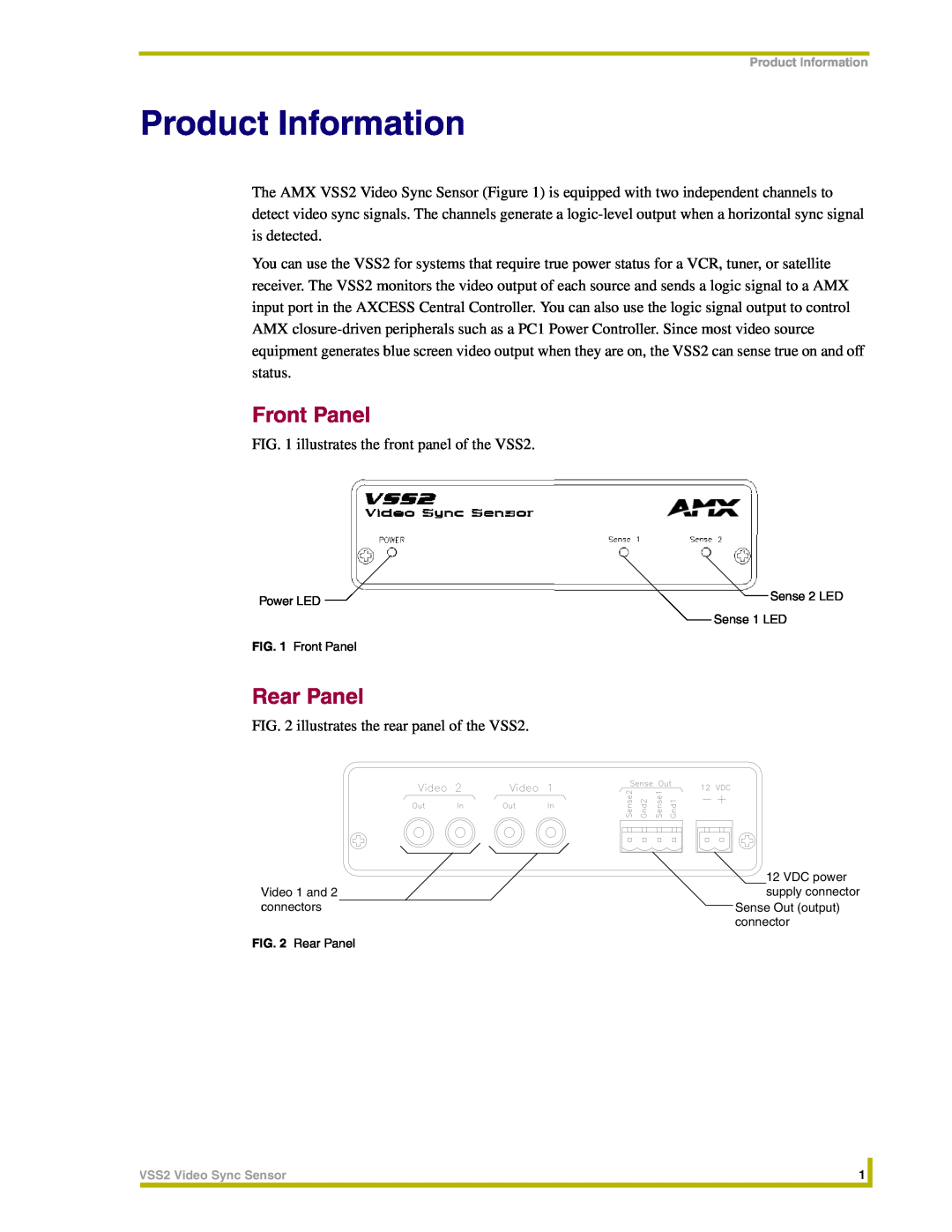 AMX VSS2 instruction manual Product Information, Front Panel, Rear Panel 