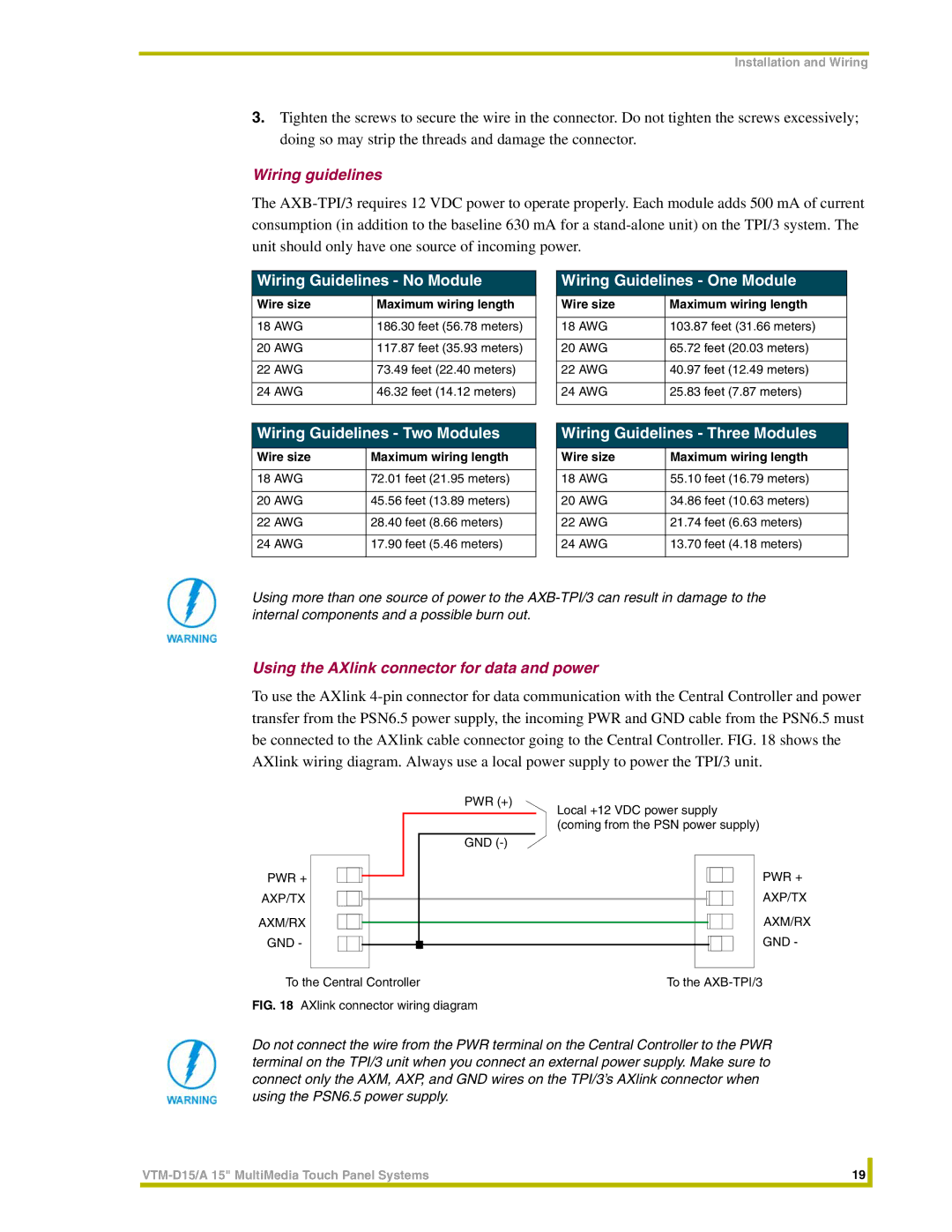 AMX VTM-D15/A instruction manual Wiring guidelines, Using the AXlink connector for data and power 