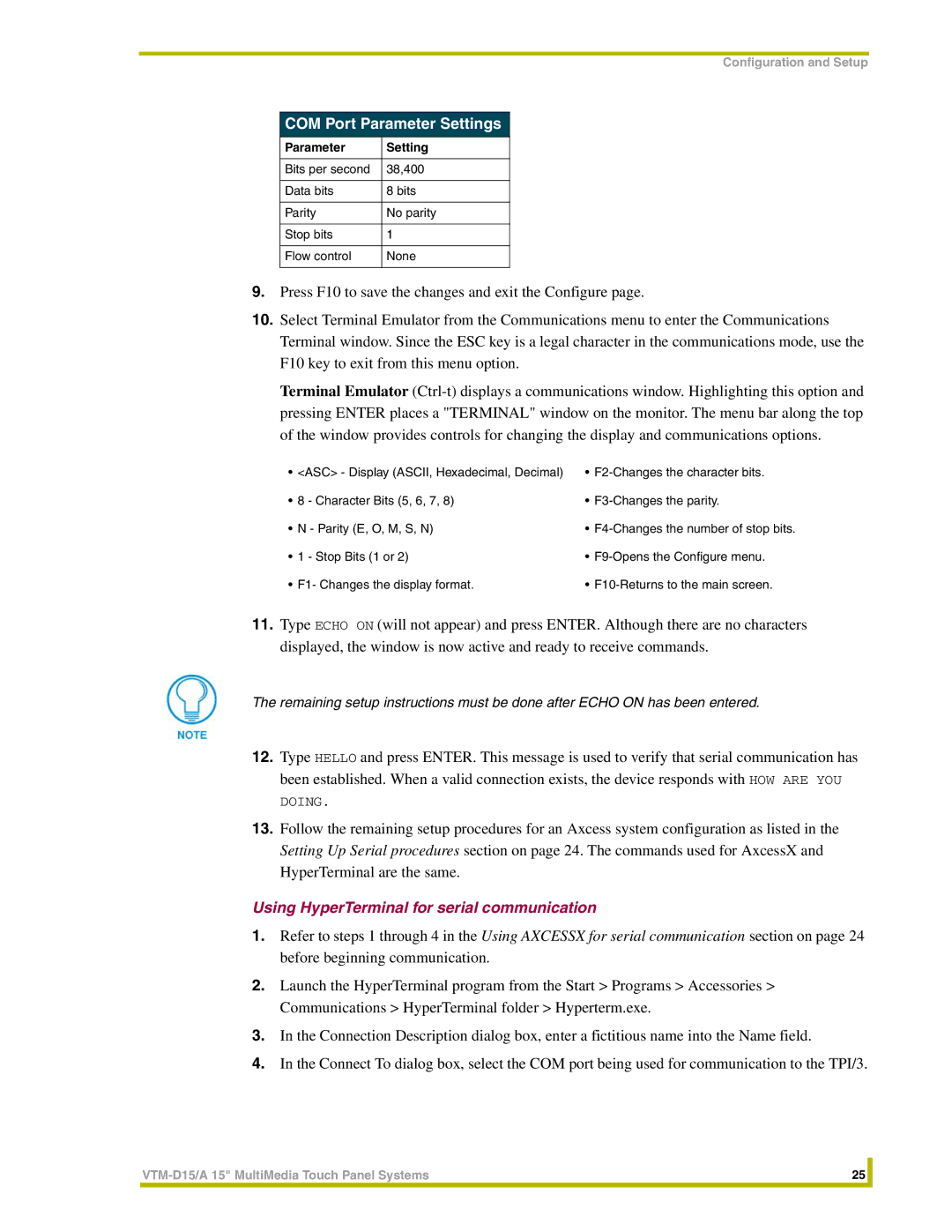 AMX VTM-D15/A instruction manual COM Port Parameter Settings, Using HyperTerminal for serial communication 