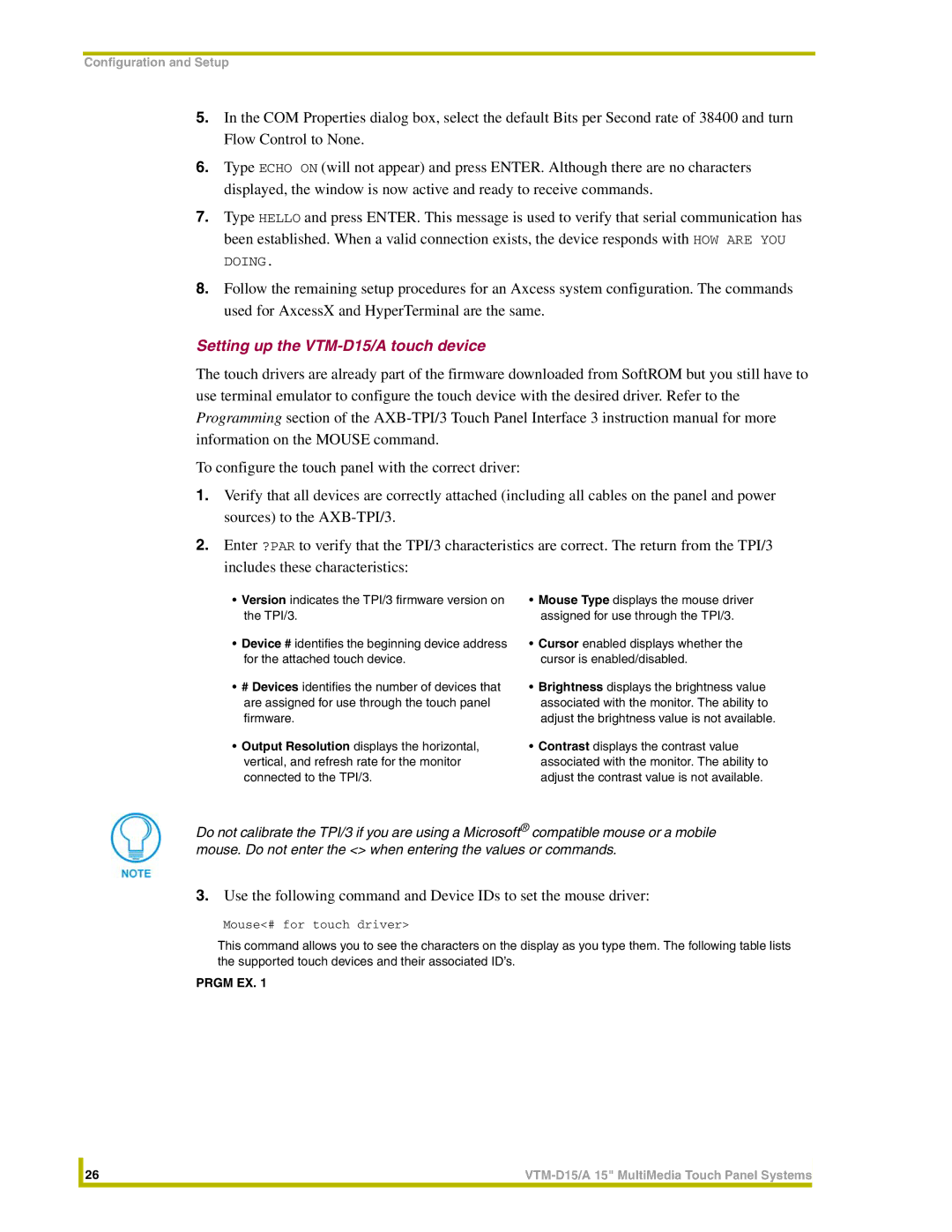 AMX instruction manual Setting up the VTM-D15/A touch device 