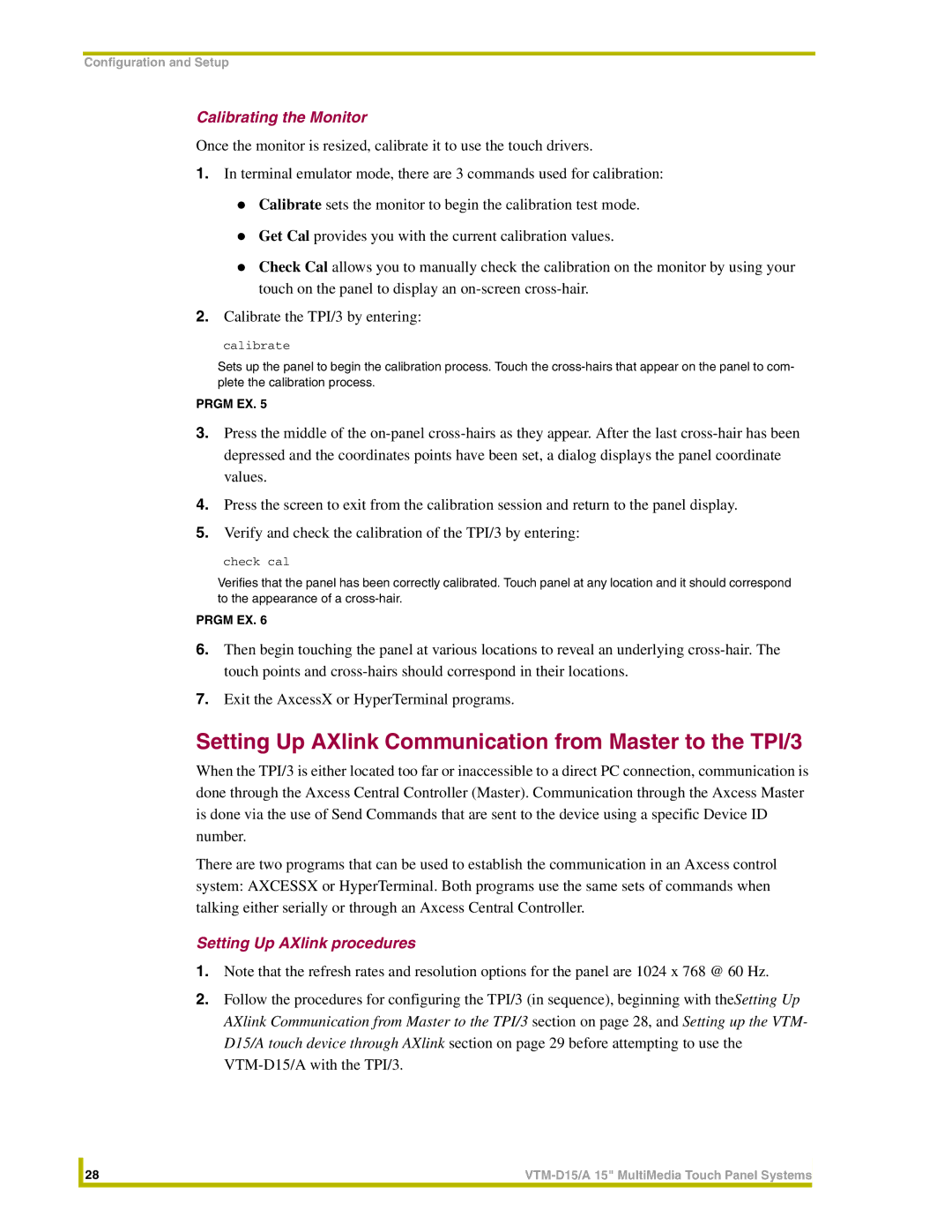 AMX VTM-D15/A instruction manual Setting Up AXlink Communication from Master to the TPI/3, Calibrating the Monitor 