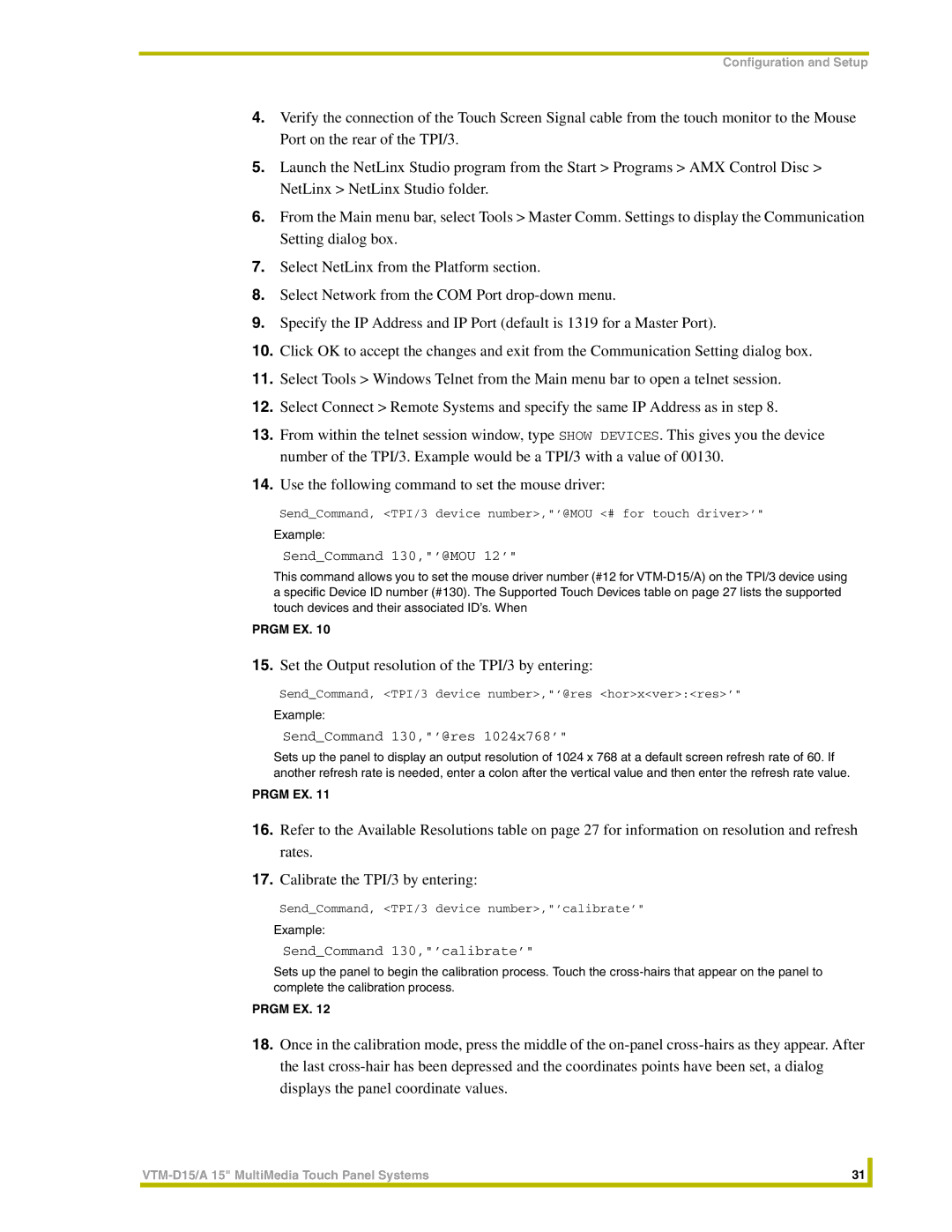 AMX VTM-D15/A instruction manual Set the Output resolution of the TPI/3 by entering 