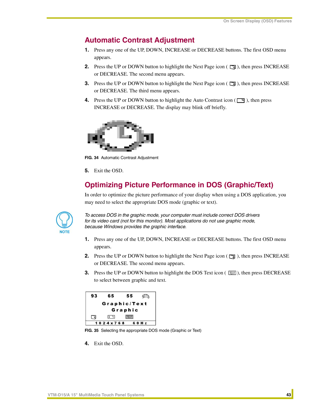 AMX VTM-D15/A instruction manual Automatic Contrast Adjustment, Optimizing Picture Performance in DOS Graphic/Text 