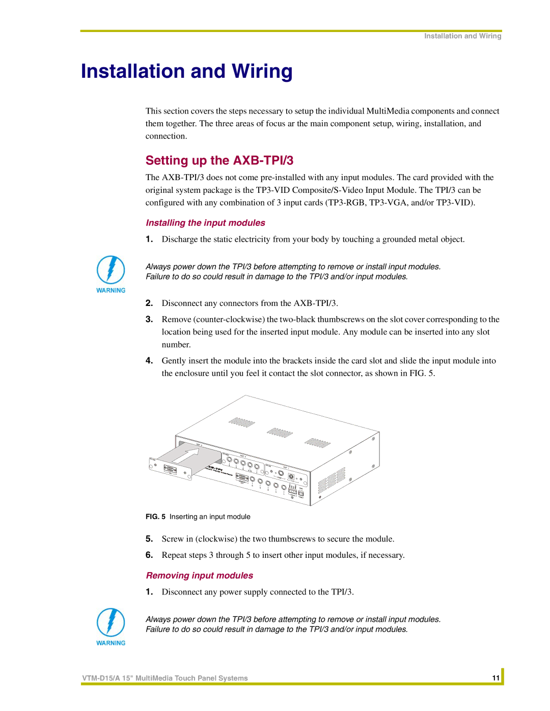 AMX VTM-D15/A Installation and Wiring, Setting up the AXB-TPI/3, Installing the input modules, Removing input modules 