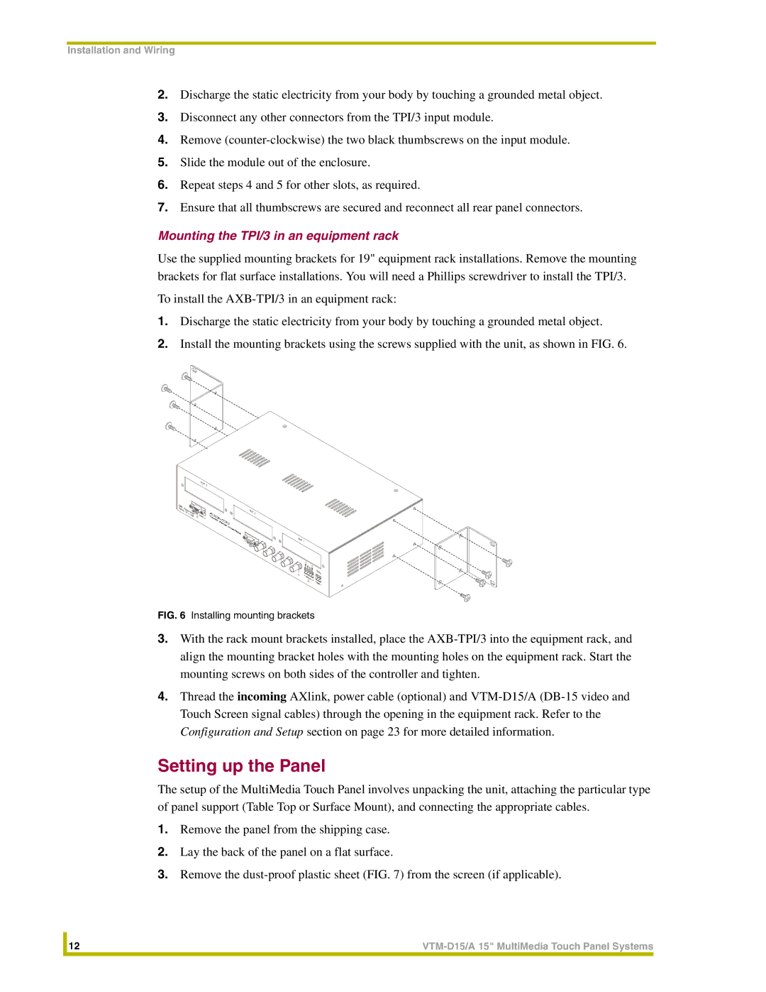 AMX VTM-D15/A instruction manual Setting up the Panel, Mounting the TPI/3 in an equipment rack 