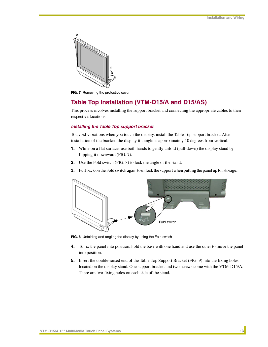 AMX instruction manual Table Top Installation VTM-D15/A and D15/AS, Installing the Table Top support bracket 