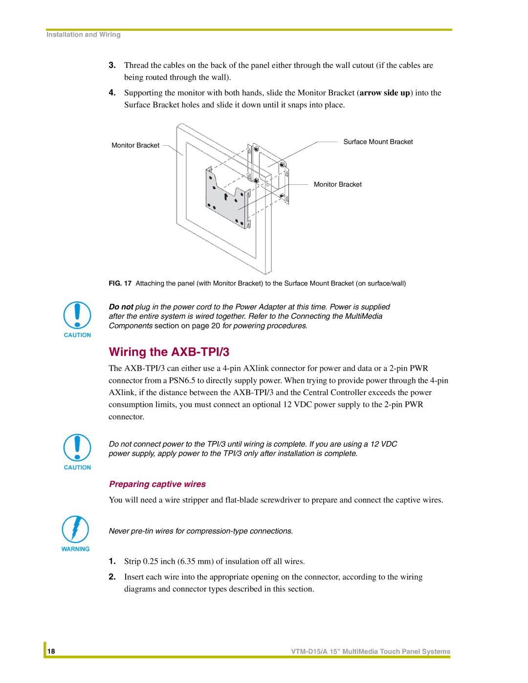 AMX VTM-D15/A instruction manual Wiring the AXB-TPI/3, Preparing captive wires 