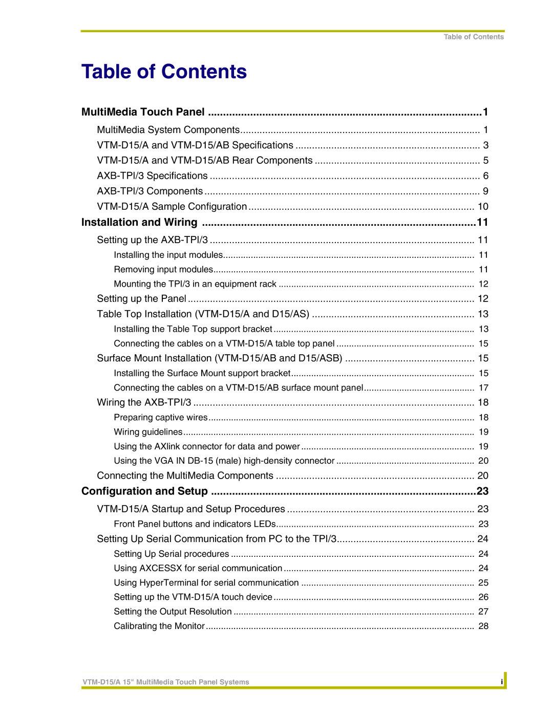 AMX VTM-D15/A instruction manual Table of Contents 