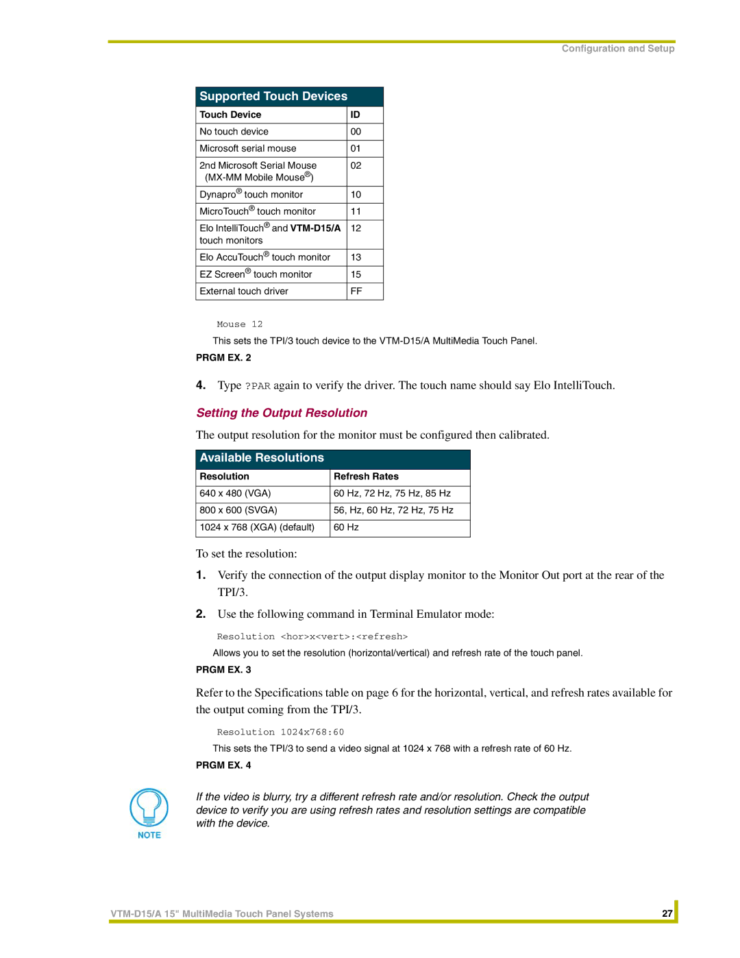 AMX VTM-D15/A Supported Touch Devices, Setting the Output Resolution, Available Resolutions, Resolution Refresh Rates 