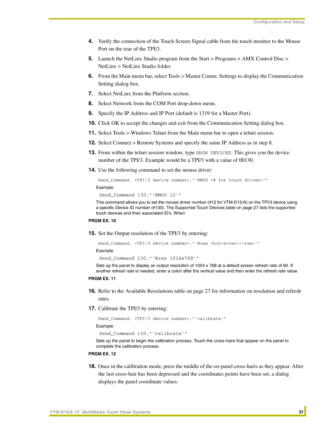 AMX VTM-D15/A instruction manual Set the Output resolution of the TPI/3 by entering 