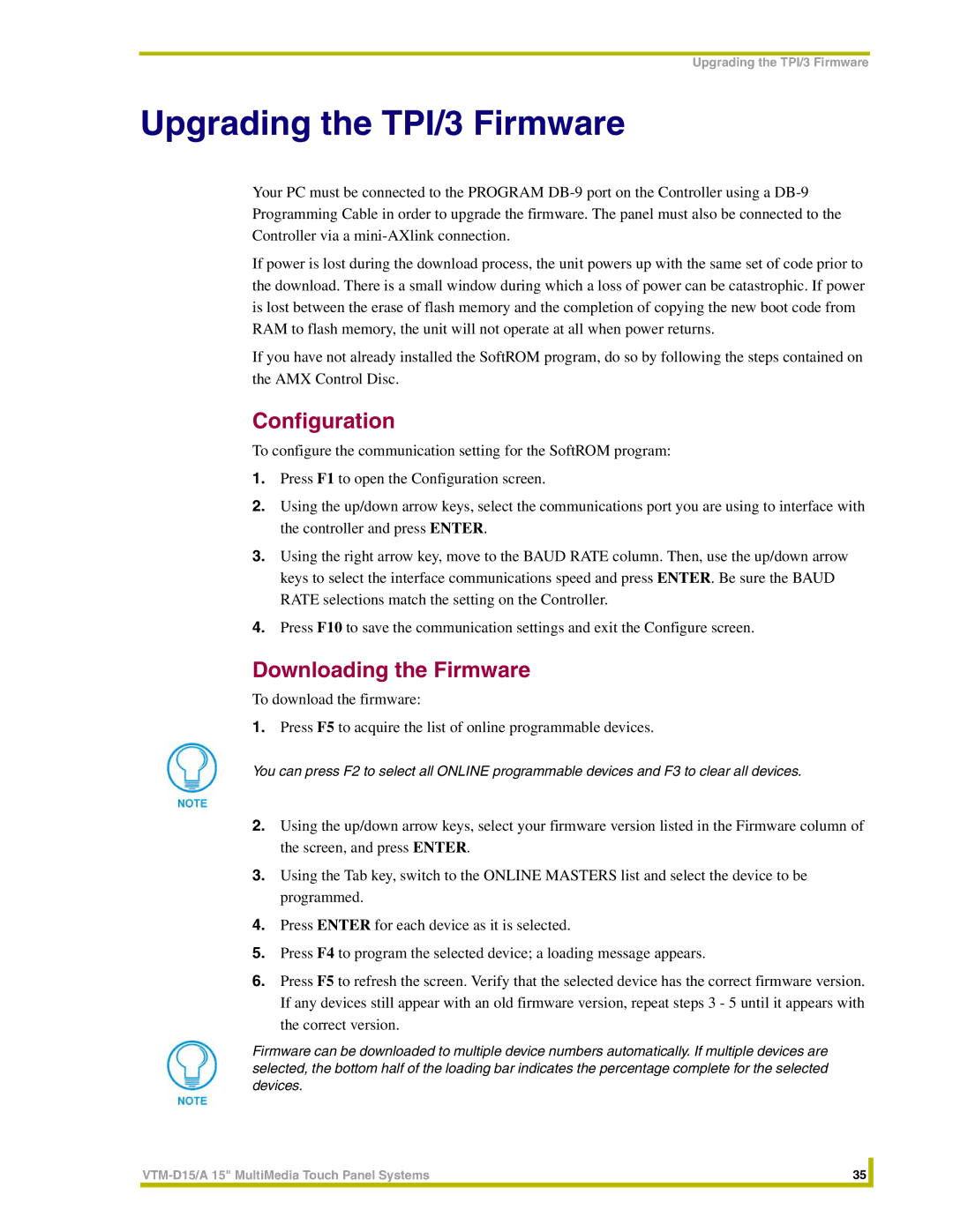 AMX VTM-D15/A instruction manual Upgrading the TPI/3 Firmware, Configuration, Downloading the Firmware 