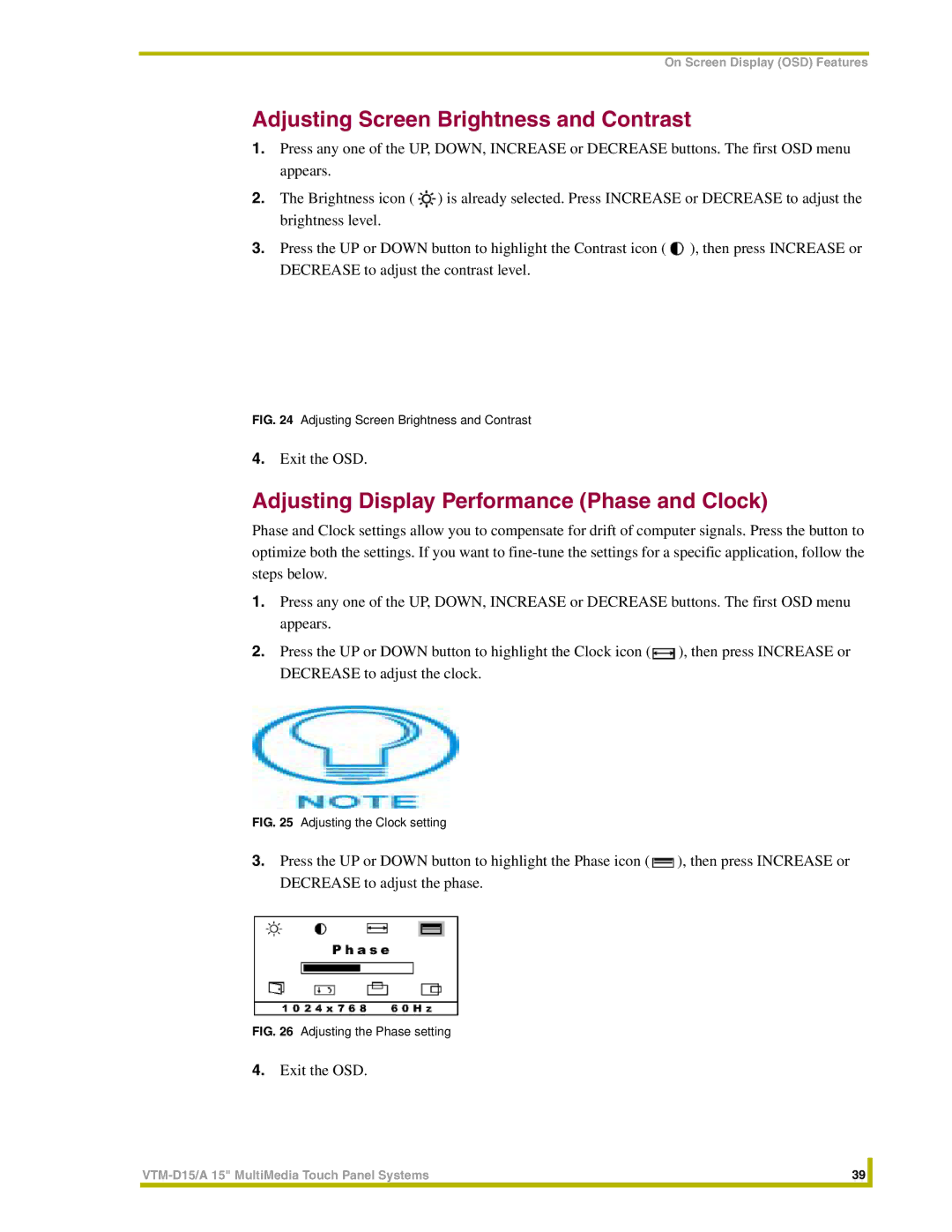 AMX VTM-D15/A instruction manual Adjusting Screen Brightness and Contrast, Adjusting Display Performance Phase and Clock 