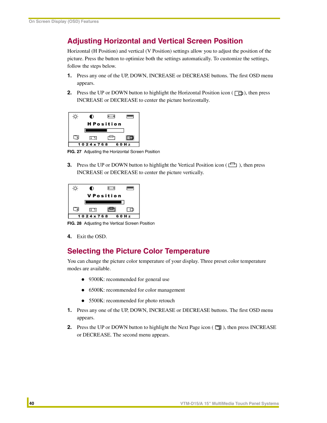 AMX VTM-D15/A instruction manual Adjusting Horizontal and Vertical Screen Position, Selecting the Picture Color Temperature 