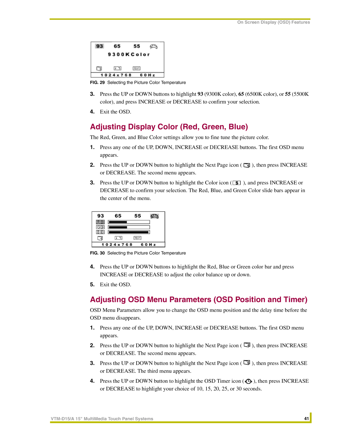 AMX VTM-D15/A Adjusting Display Color Red, Green, Blue, Adjusting OSD Menu Parameters OSD Position and Timer 