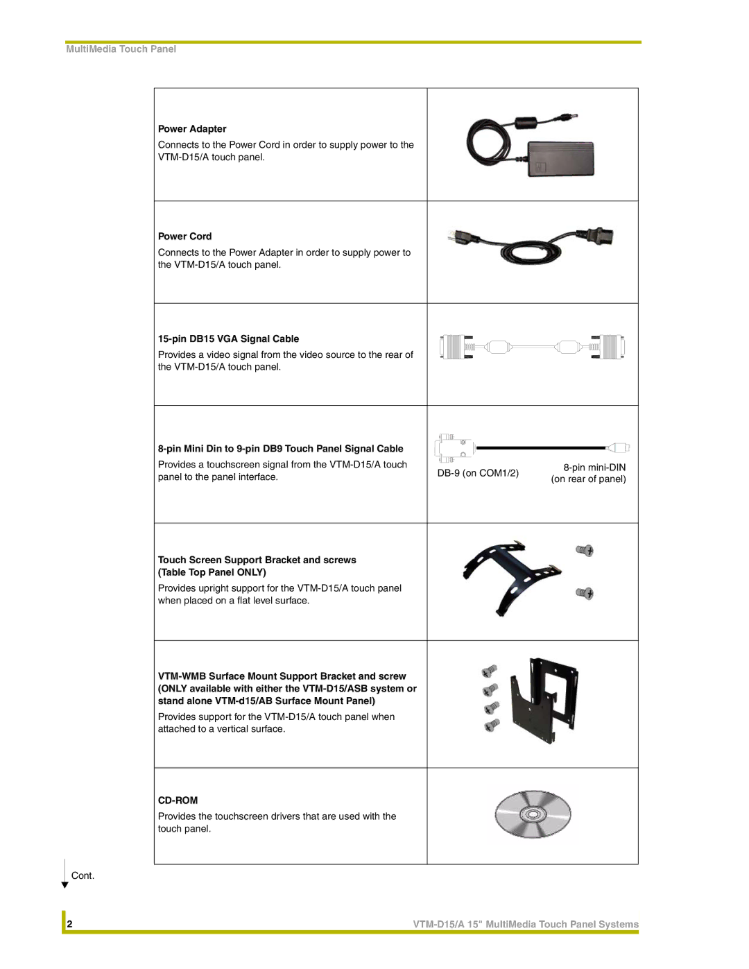 AMX VTM-D15/A Power Adapter, Power Cord, Pin DB15 VGA Signal Cable, Pin Mini Din to 9-pin DB9 Touch Panel Signal Cable 