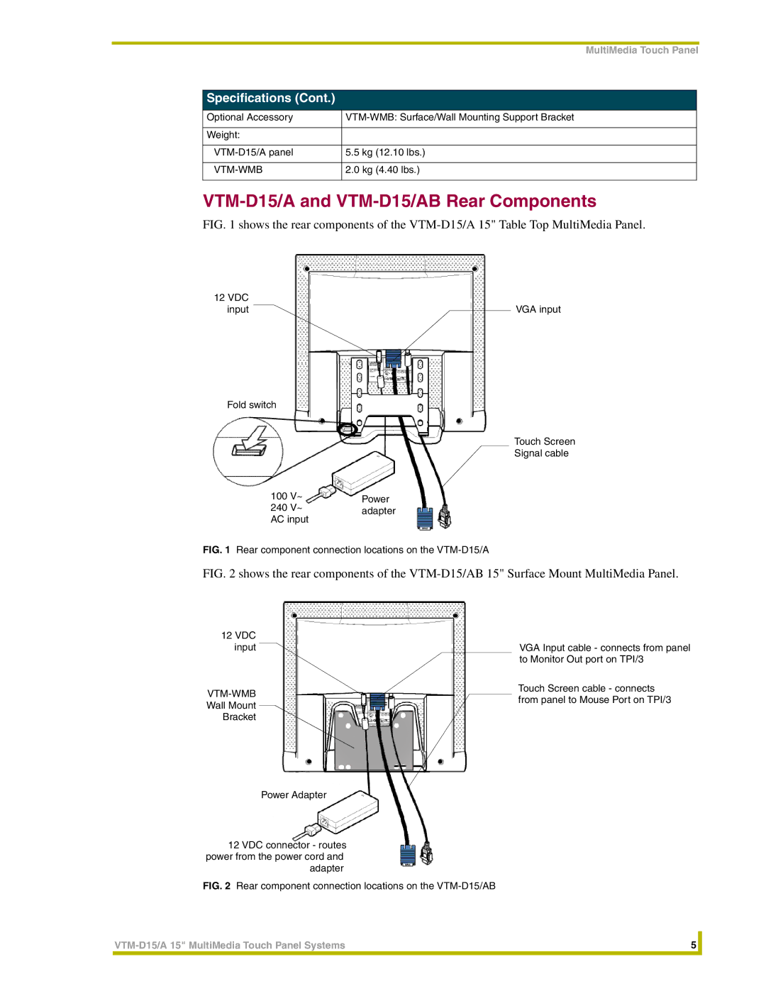 AMX instruction manual VTM-D15/A and VTM-D15/AB Rear Components, Rear component connection locations on the VTM-D15/A 