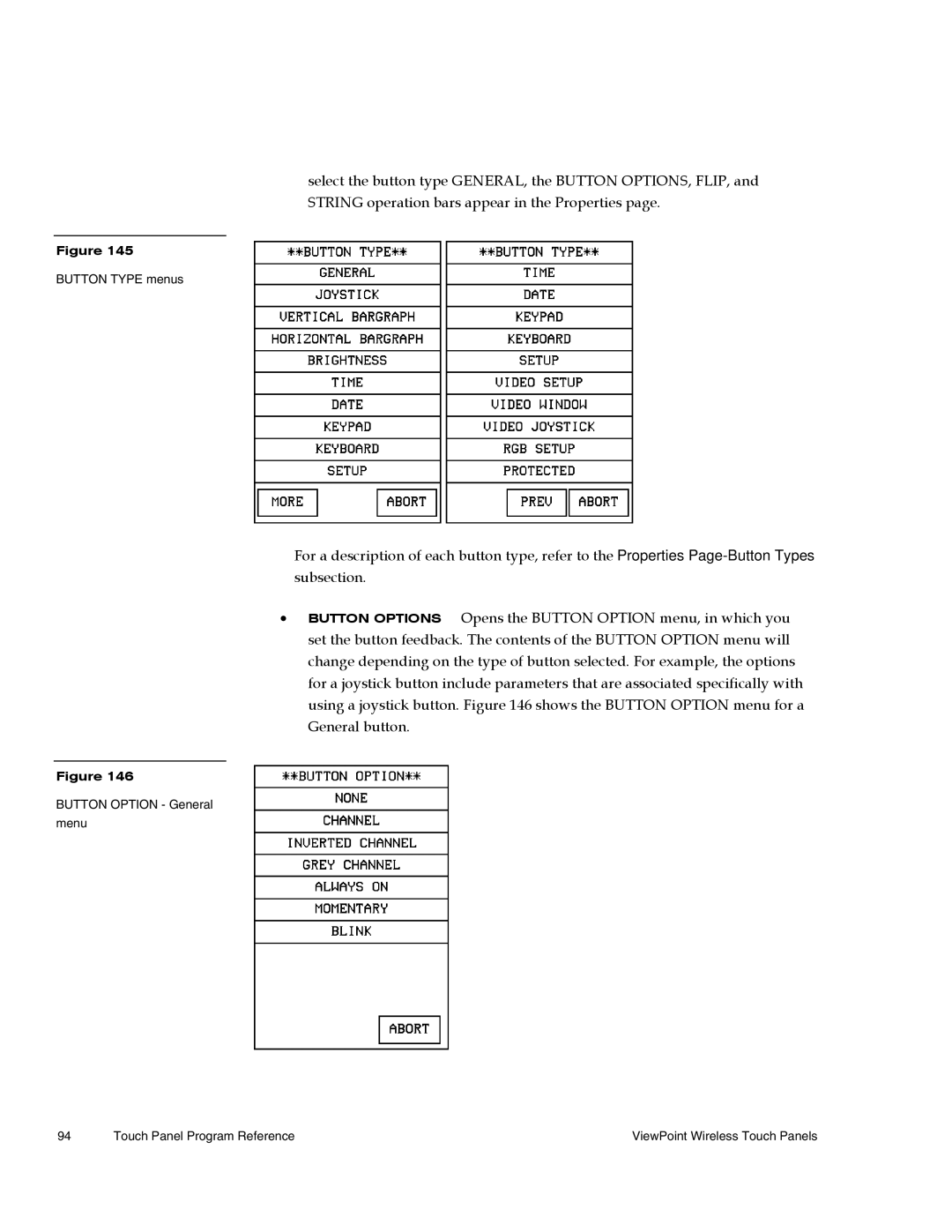 AMX Wireless Touch Panels (Wave Server) instruction manual Button Option General menu Touch Panel Program Reference 