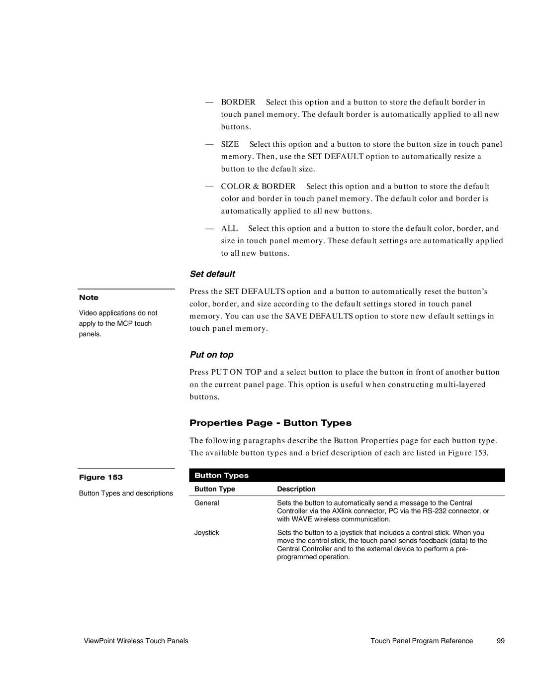 AMX Wireless Touch Panels (Wave Server) instruction manual Set default, Put on top, Properties Page Button Types 