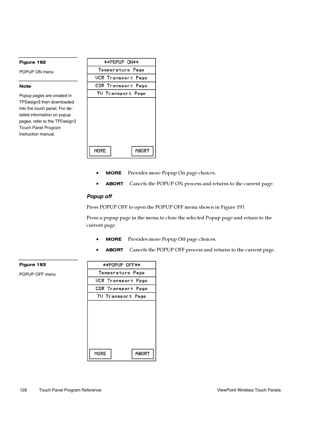 AMX Wireless Touch Panels (Wave Server) instruction manual Popup off, Popup on menu 