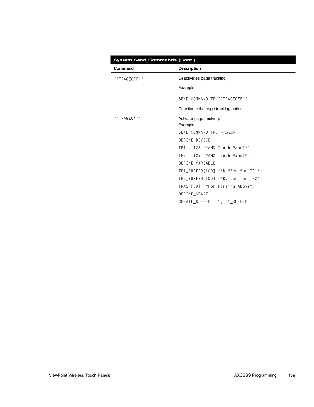 AMX Wireless Touch Panels (Wave Server) Tpageoff Tpageon, Sendcommand TP,TPAGEOFF, Sendcommand TP,TPAGEON Definedevice 