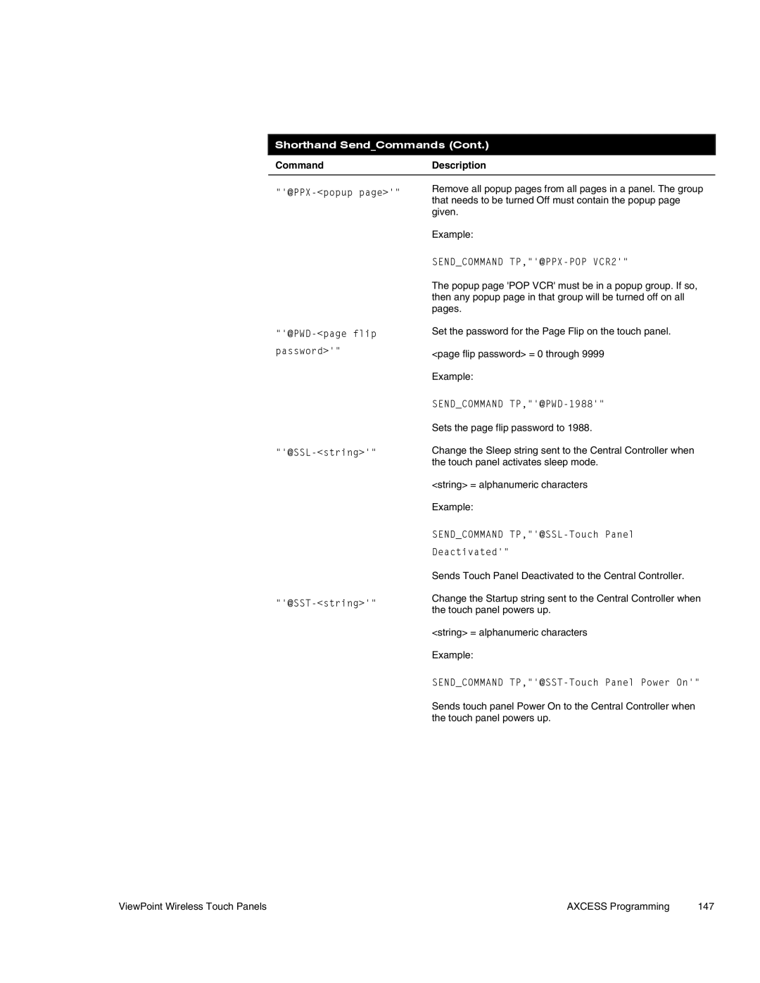 AMX Wireless Touch Panels (Wave Server) instruction manual Sendcommand TP,@PPX-POP VCR2, Sendcommand TP,@PWD-1988 