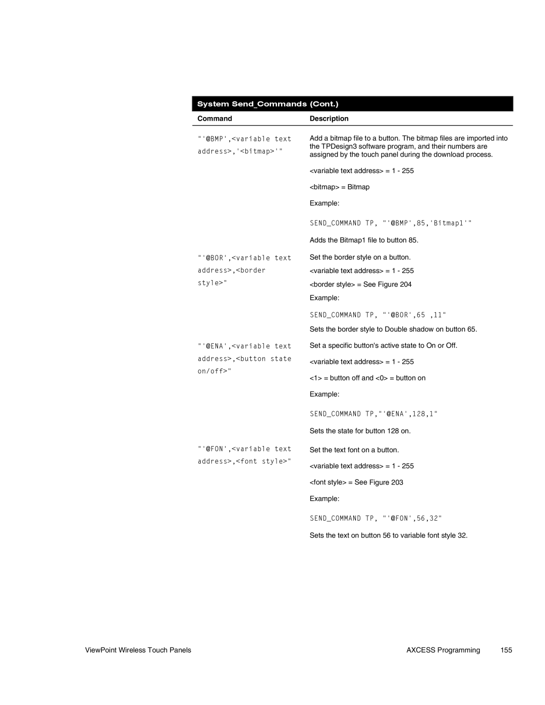 AMX Wireless Touch Panels (Wave Server) instruction manual Sendcommand TP,@ENA,128,1, Sendcommand TP, @FON,56,32 