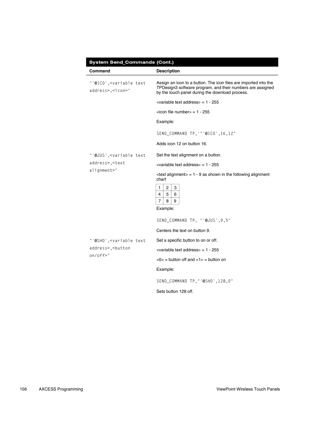 AMX Wireless Touch Panels (Wave Server) Sendcommand TP,@ICO,16,12, Sendcommand TP, @JUS,9,5, Sendcommand TP,@SHO,128,0 