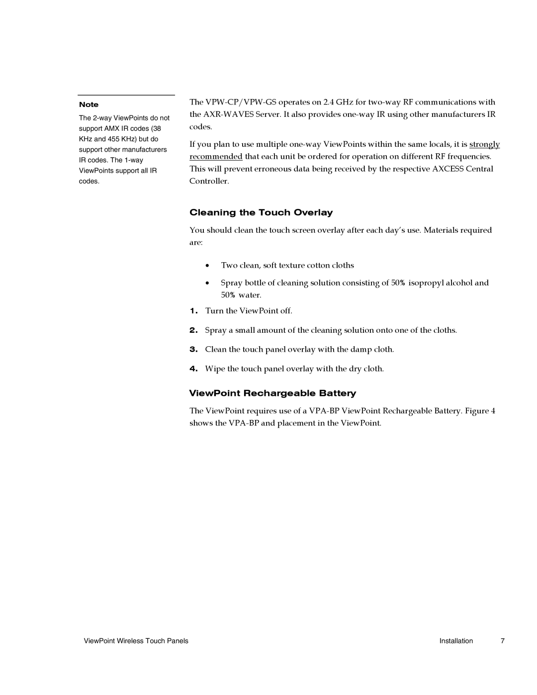 AMX Wireless Touch Panels (Wave Server) instruction manual Cleaning the Touch Overlay, ViewPoint Rechargeable Battery 