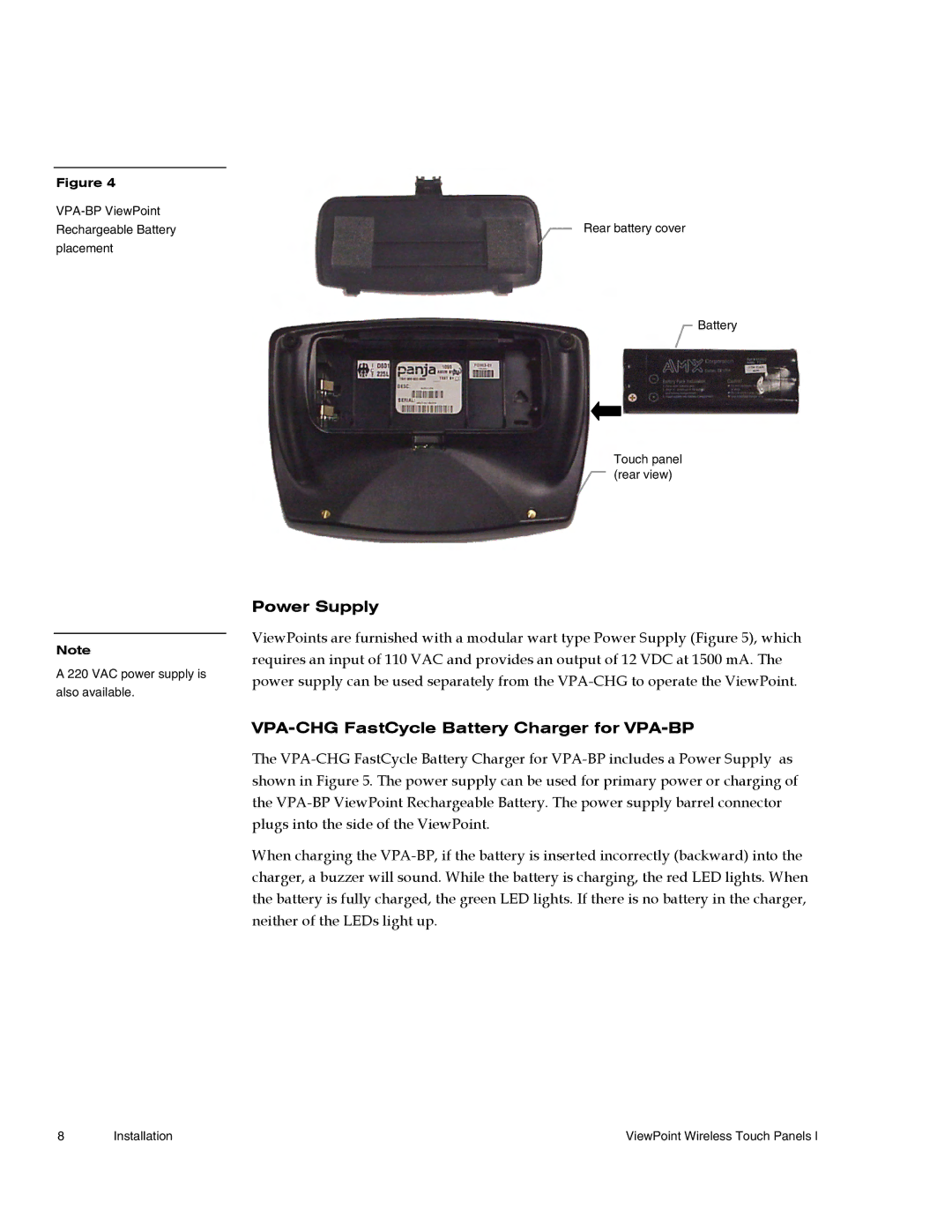 AMX Wireless Touch Panels (Wave Server) instruction manual Power Supply, VPA-CHG FastCycle Battery Charger for VPA-BP 