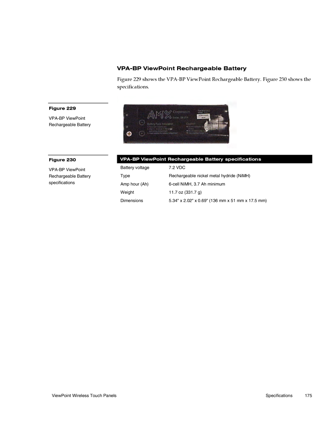 AMX Wireless Touch Panels (Wave Server) instruction manual VPA-BP ViewPoint Rechargeable Battery 