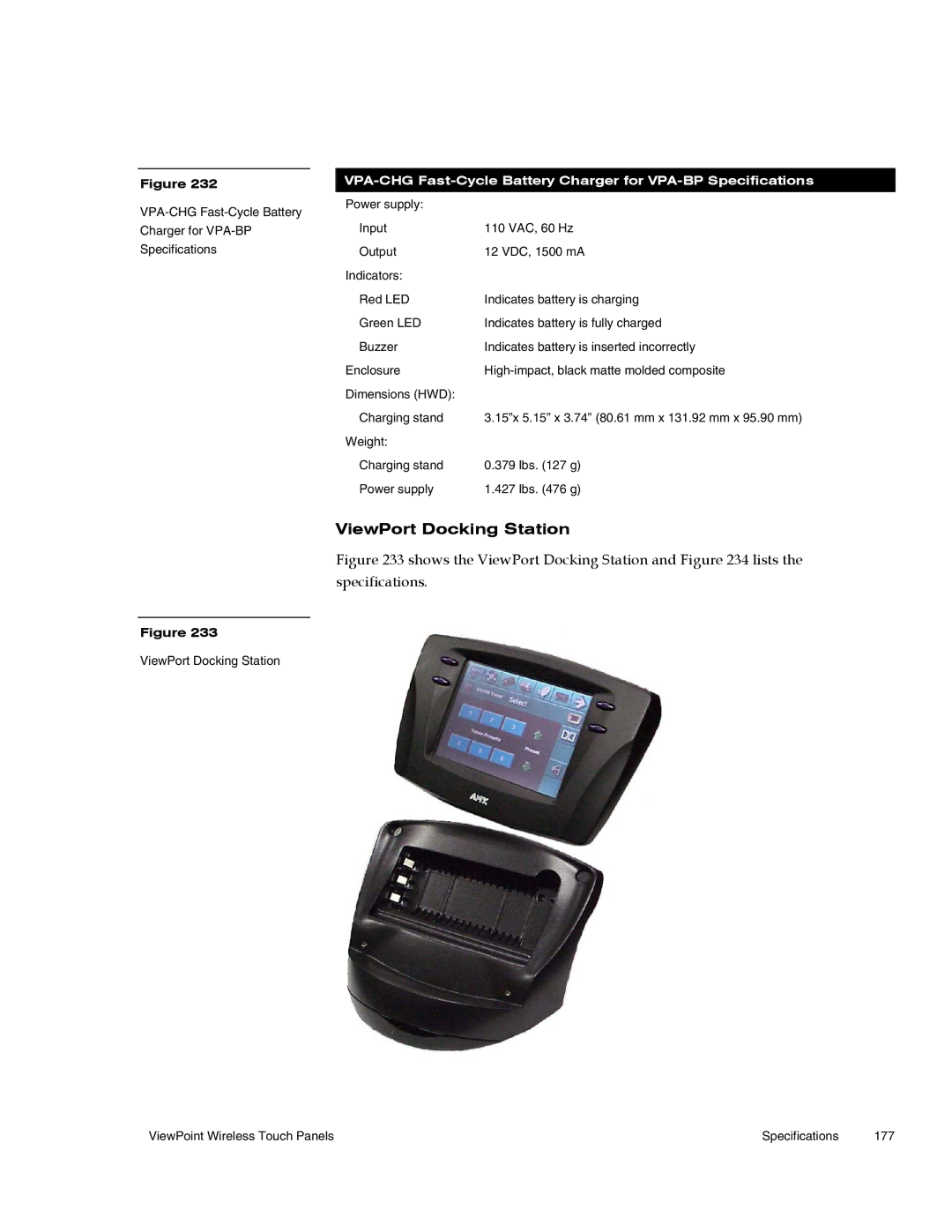 AMX Wireless Touch Panels (Wave Server) instruction manual VPA-CHG Fast-Cycle Battery Charger for VPA-BP Specifications 