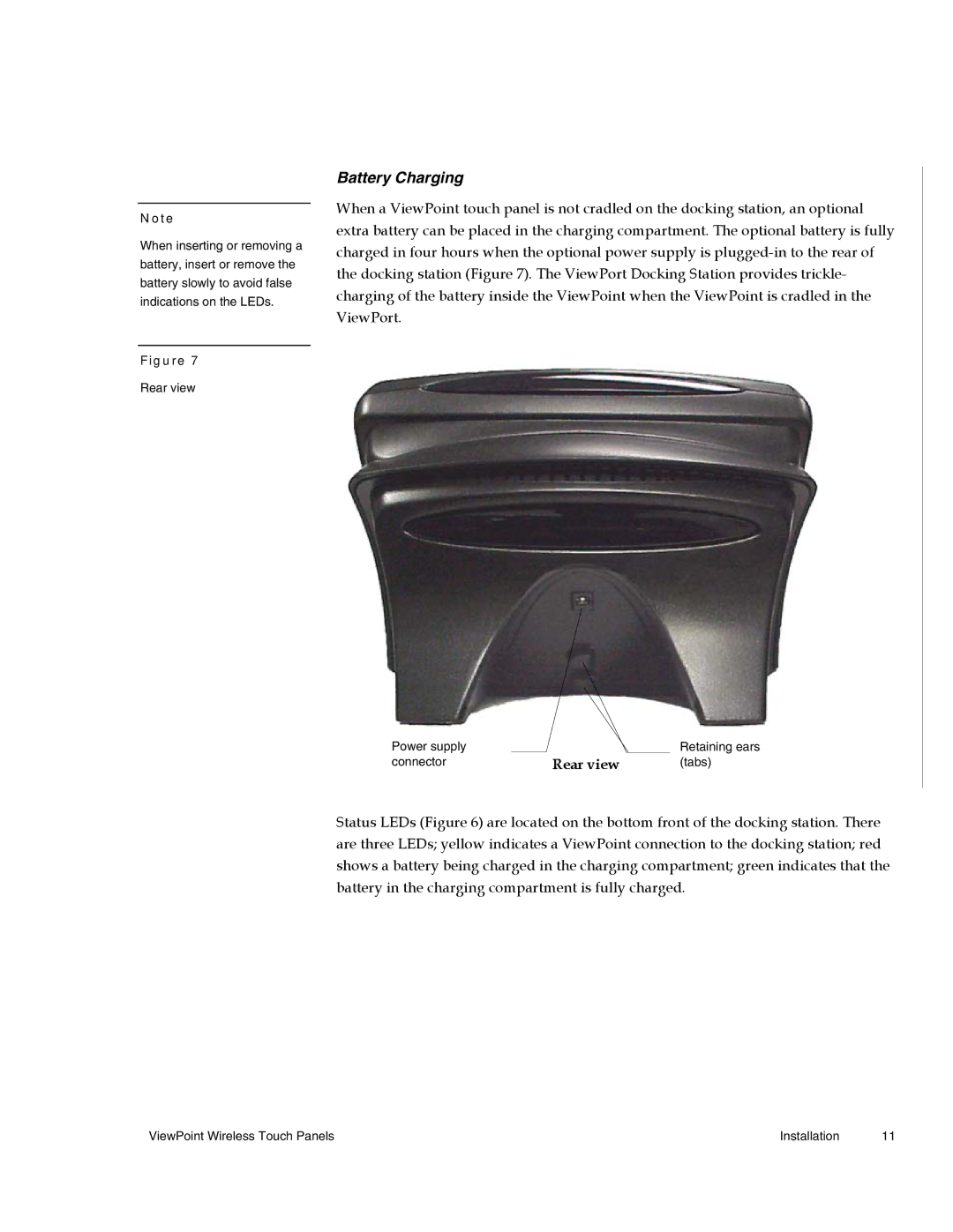 AMX Wireless Touch Panels (Wave Server) instruction manual Battery Charging, Rear view 