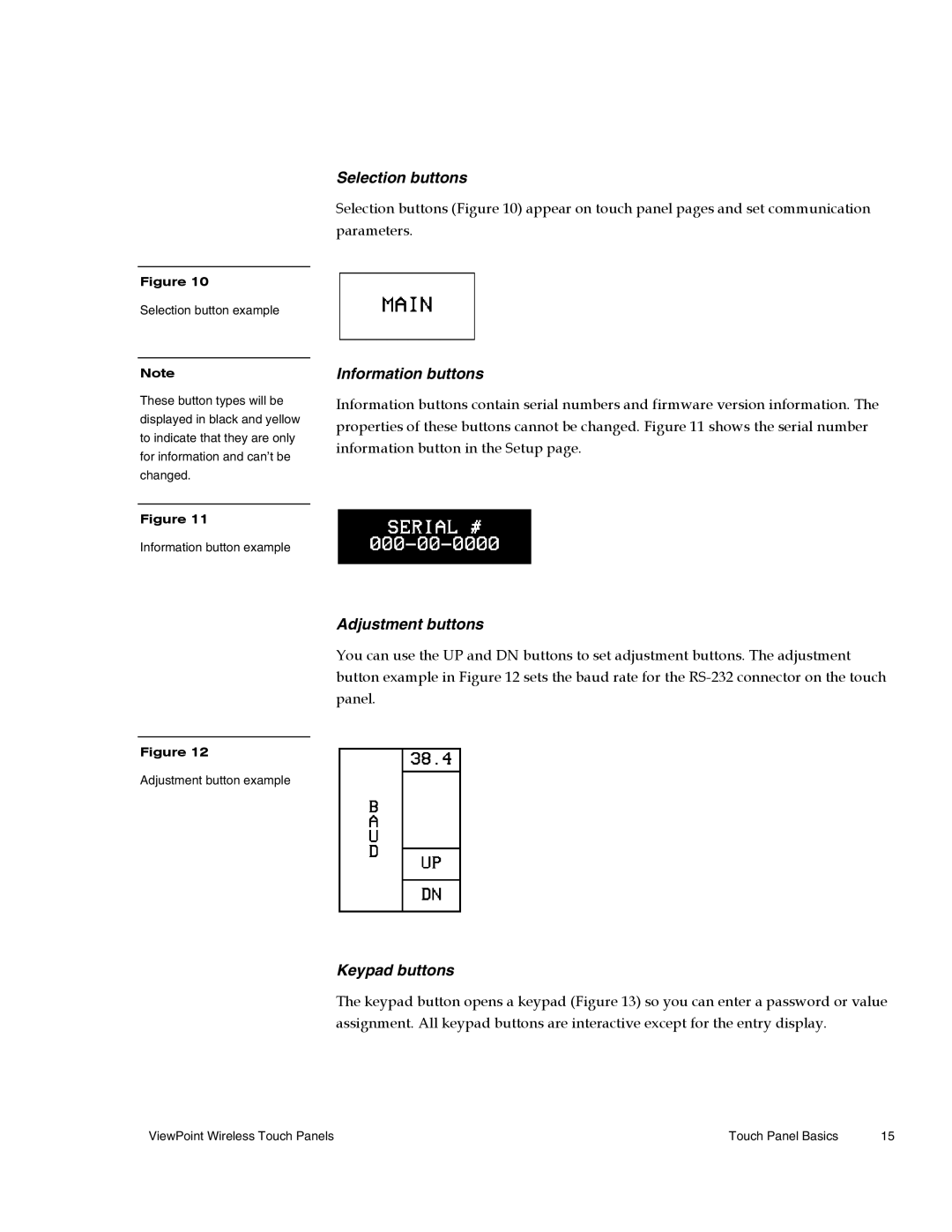 AMX Wireless Touch Panels (Wave Server) Selection buttons, Information buttons, Adjustment buttons, Keypad buttons 