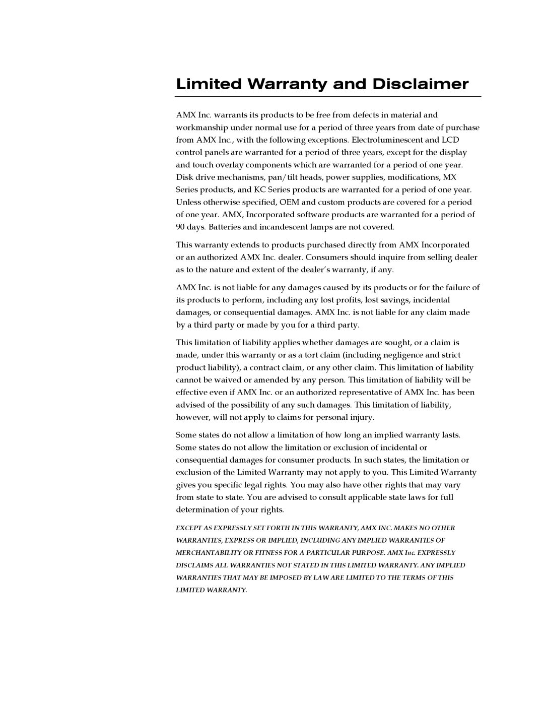 AMX Wireless Touch Panels (Wave Server) instruction manual Limited Warranty and Disclaimer 