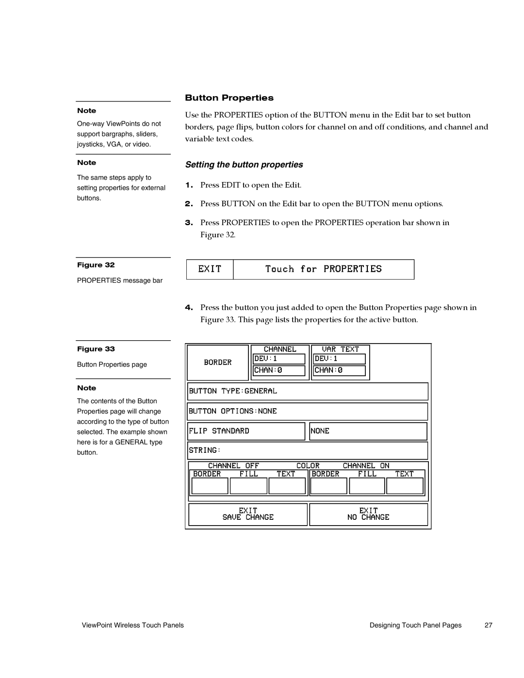 AMX Wireless Touch Panels (Wave Server) instruction manual Button Properties, Setting the button properties 