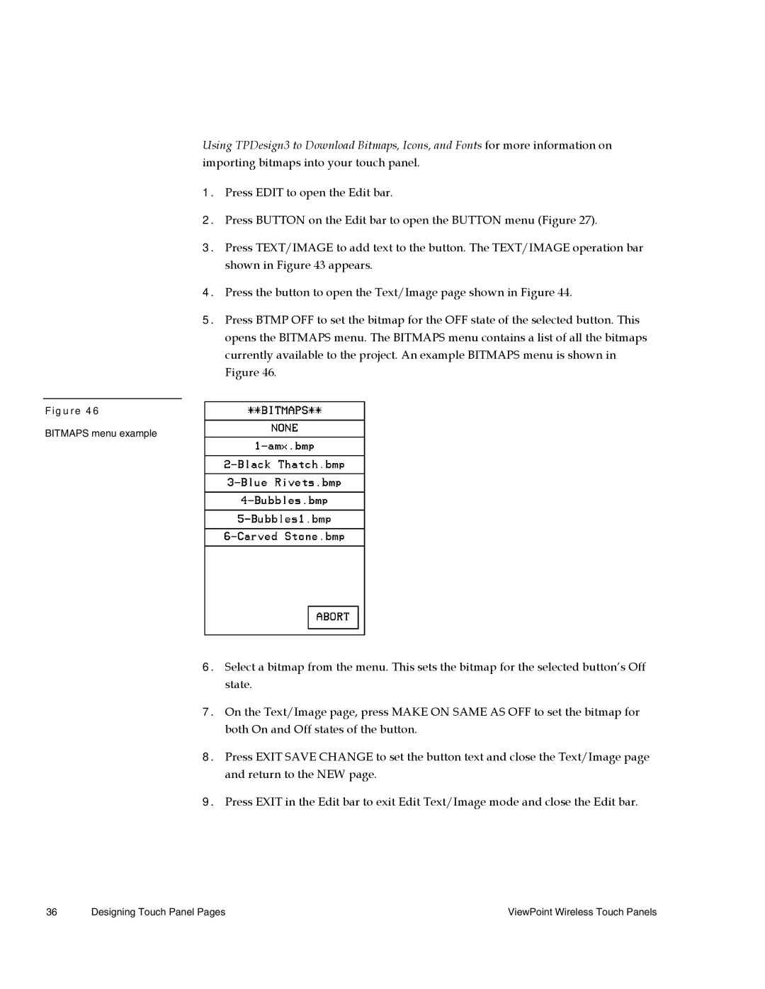 AMX Wireless Touch Panels (Wave Server) instruction manual Bitmaps menu example 