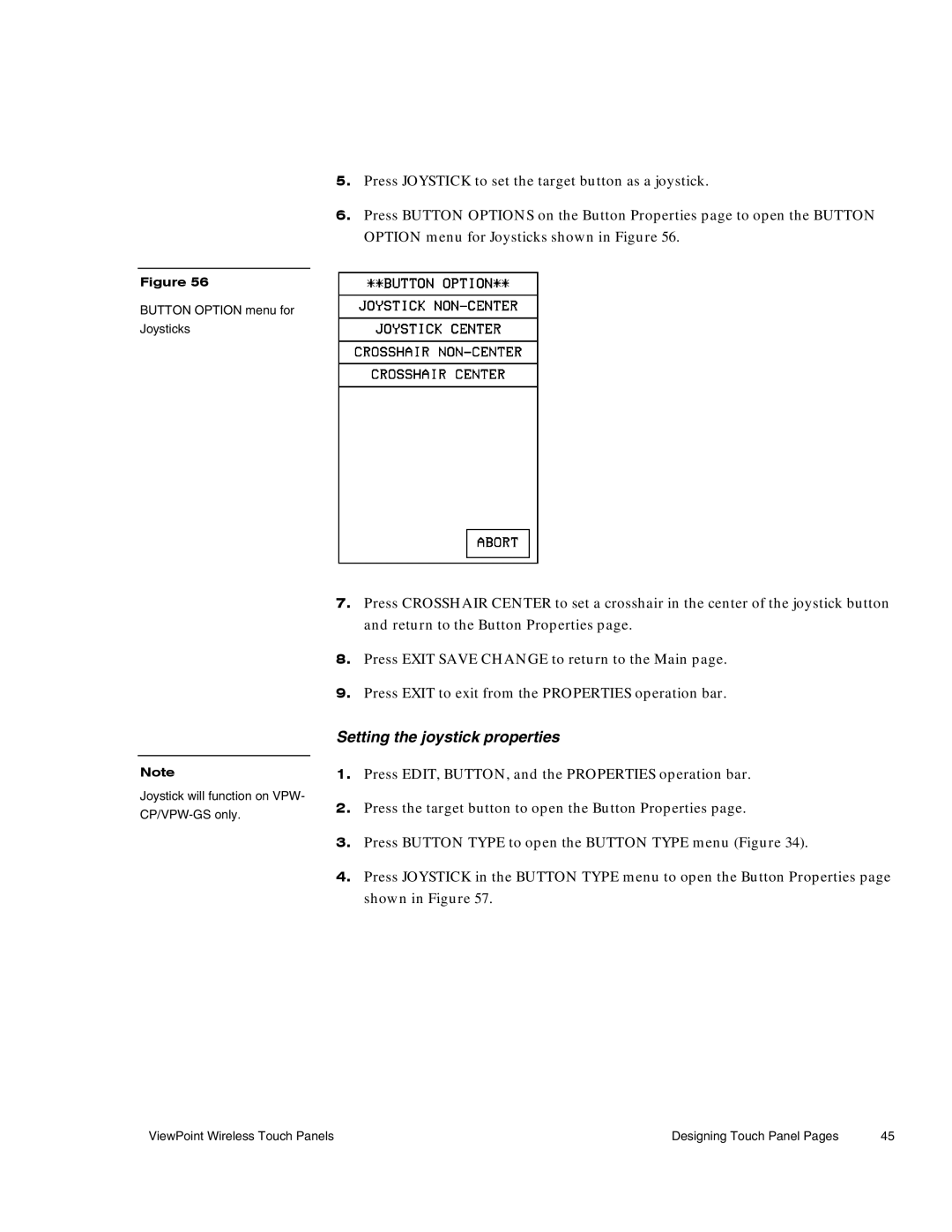 AMX Wireless Touch Panels (Wave Server) instruction manual Setting the joystick properties 